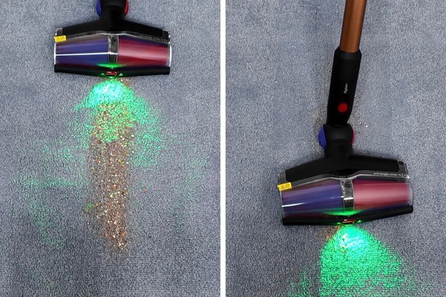 Dyson V16 Piston Animal Submarine im Saugtest auf Teppich.